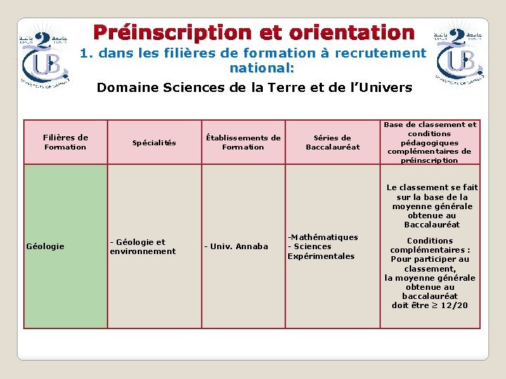 Préinscription et orientation 1. dans les filières de formation à recrutement national: Domaine Sciences