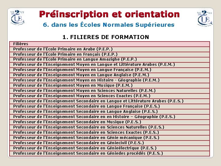 Préinscription et orientation 6. dans les Écoles Normales Supérieures 1. FILIERES DE FORMATION Filières