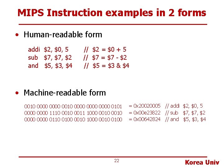 MIPS Instruction examples in 2 forms • Human-readable form addi $2, $0, 5 sub