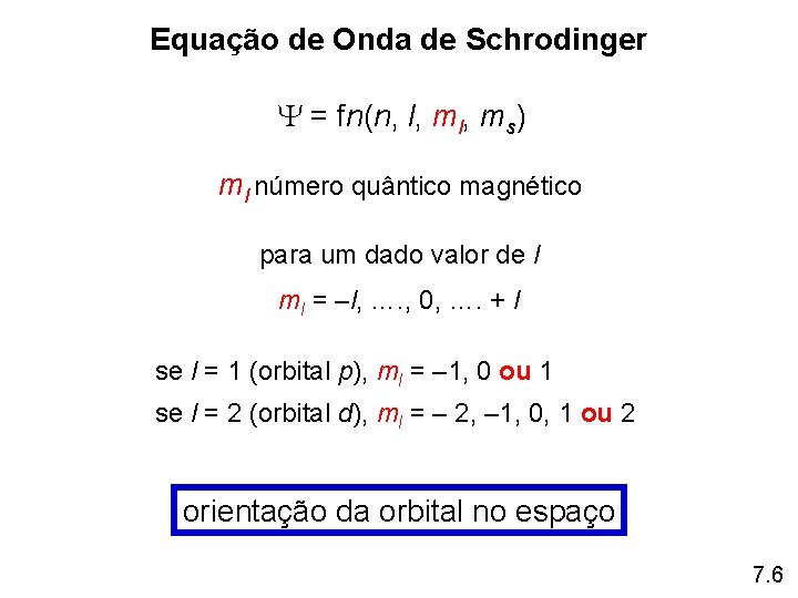 Equação de Onda de Schrodinger = fn(n, l, ms) ml número quântico magnético para