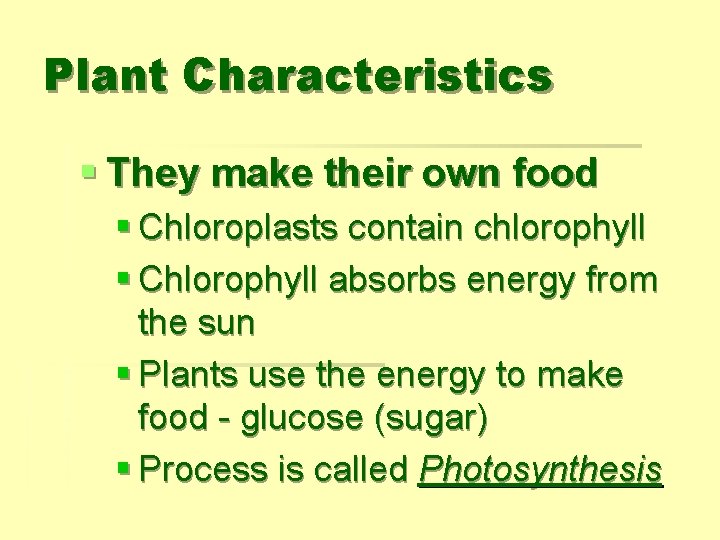 Plant Characteristics § They make their own food § Chloroplasts contain chlorophyll § Chlorophyll