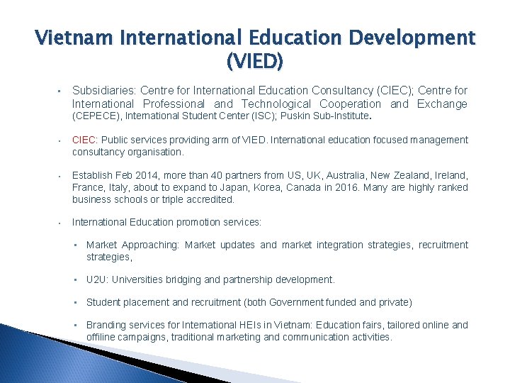 Vietnam International Education Development (VIED) • Subsidiaries: Centre for International Education Consultancy (CIEC); Centre