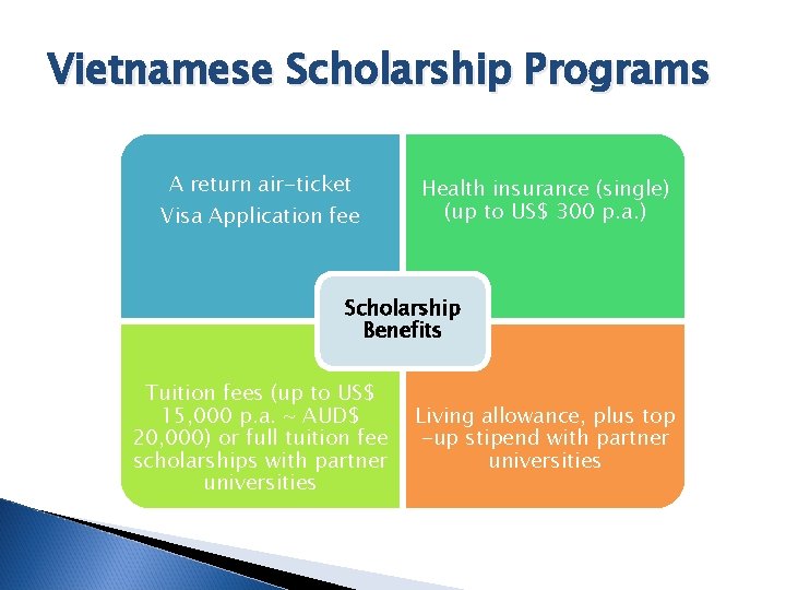 Vietnamese Scholarship Programs A return air-ticket Visa Application fee Health insurance (single) (up to