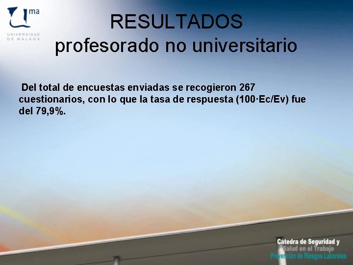 RESULTADOS profesorado no universitario Del total de encuestas enviadas se recogieron 267 cuestionarios, con