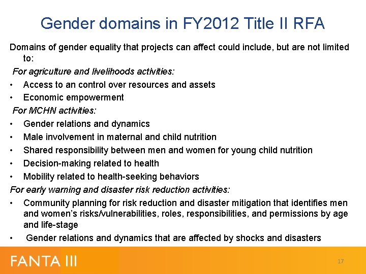 Gender domains in FY 2012 Title II RFA Domains of gender equality that projects Gender domains in FY 2012 Title II RFA Domains of gender equality that projects