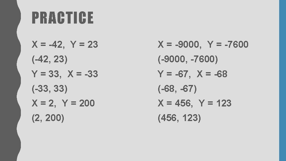 PRACTICE X = -42, Y = 23 X = -9000, Y = -7600 (-42, PRACTICE X = -42, Y = 23 X = -9000, Y = -7600 (-42,