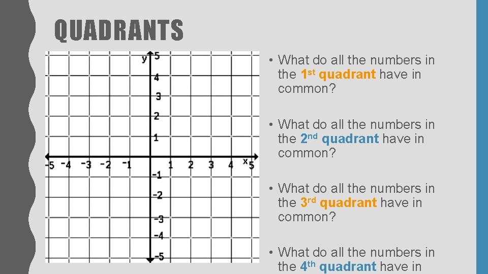 QUADRANTS • What do all the numbers in the 1 st quadrant have in QUADRANTS • What do all the numbers in the 1 st quadrant have in