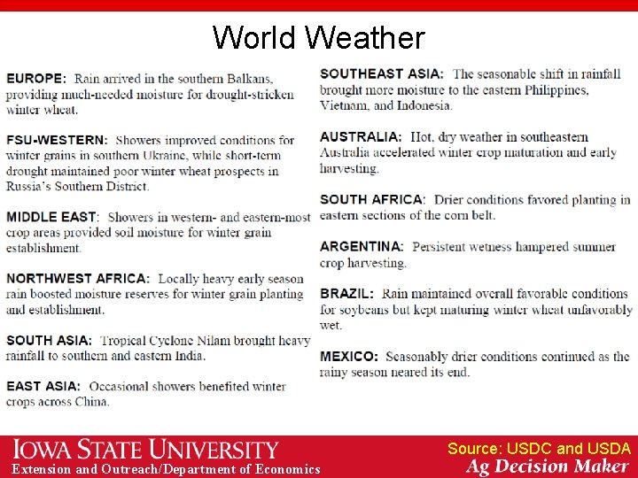 World Weather Source: USDC and USDA Extension and Outreach/Department of Economics 