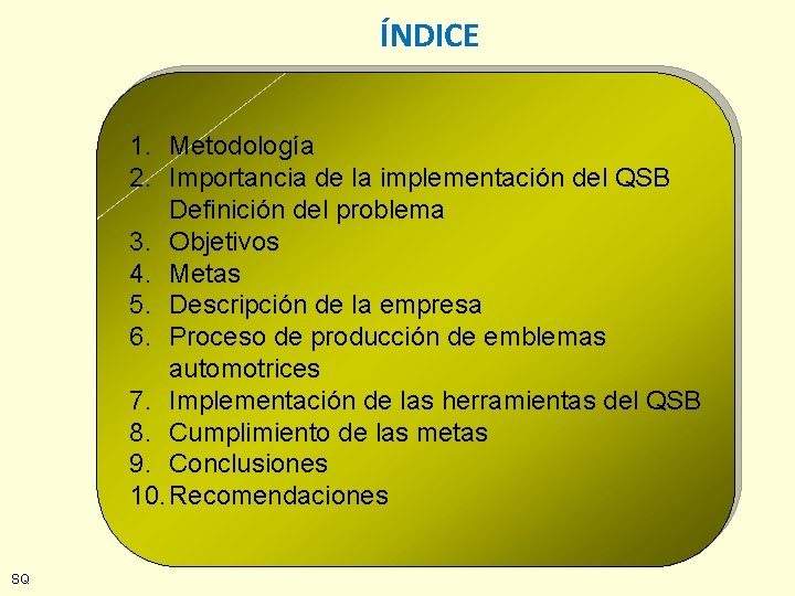 ÍNDICE 1. Metodología 2. Importancia de la implementación del QSB Definición del problema 3.