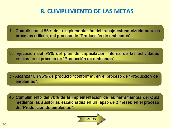 8. CUMPLIMIENTO DE LAS METAS 1. - Cumplir con el 95% de la implementación