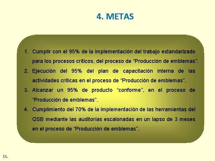 4. METAS 1. Cumplir con el 95% de la implementación del trabajo estandarizado para