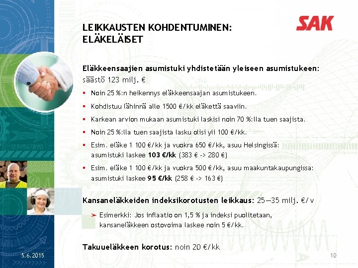 LEIKKAUSTEN KOHDENTUMINEN: ELÄKELÄISET Eläkkeensaajien asumistuki yhdistetään yleiseen asumistukeen: säästö 123 milj. € § Noin