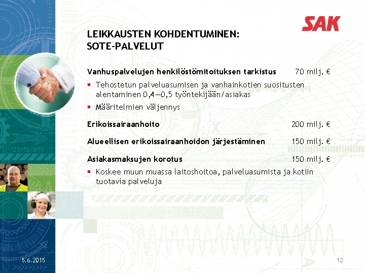 LEIKKAUSTEN KOHDENTUMINEN: SOTE-PALVELUT Vanhuspalvelujen henkilöstömitoituksen tarkistus 70 milj. € § Tehostetun palveluasumisen ja vanhainkotien