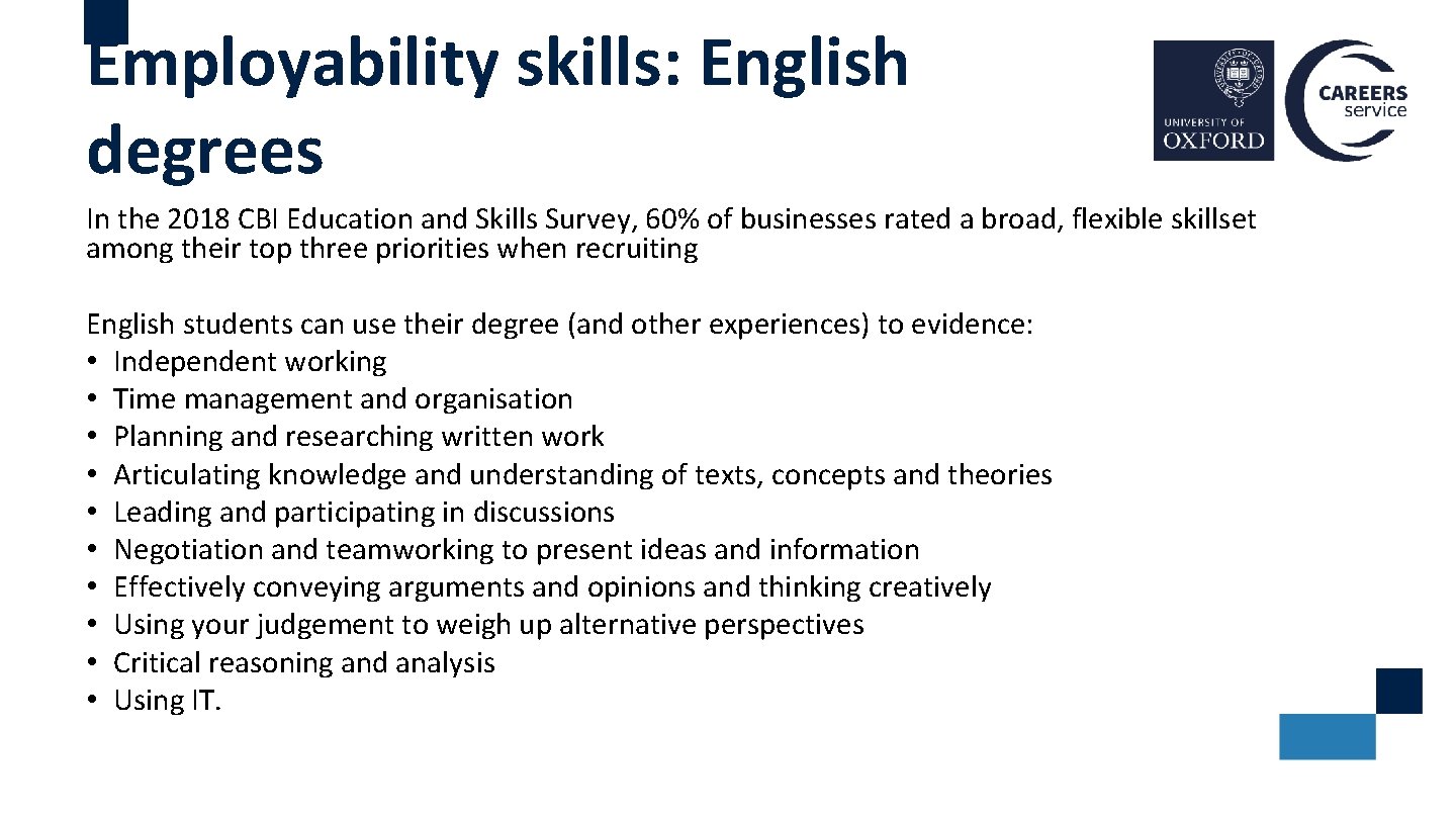 Employability skills: English degrees In the 2018 CBI Education and Skills Survey, 60% of