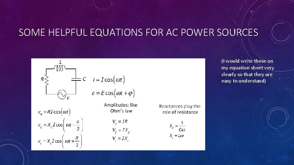 SOME HELPFUL EQUATIONS FOR AC POWER SOURCES (I would write these on my equation
