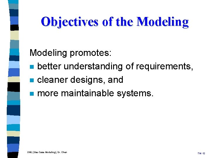 Objectives of the Modeling promotes: n better understanding of requirements, n cleaner designs, and Objectives of the Modeling promotes: n better understanding of requirements, n cleaner designs, and