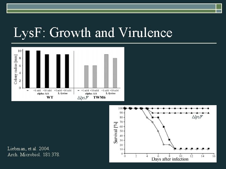 Lys. F: Growth and Virulence Δlys. F Liebman, et al. 2004. Arch. Microbiol. 181: