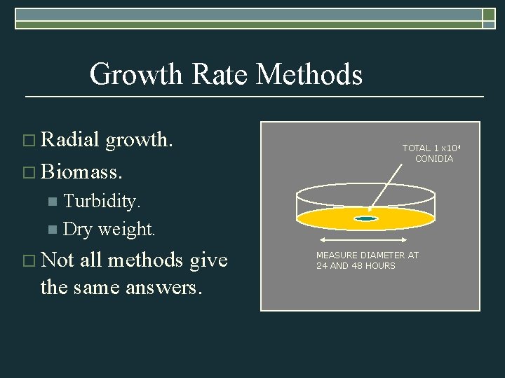 Growth Rate Methods o Radial growth. o Biomass. TOTAL 1 x 104 CONIDIA Turbidity.