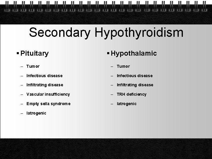 Secondary Hypothyroidism Pituitary – Tumor – Infectious disease – Infiltrating disease – Vascular insufficiency