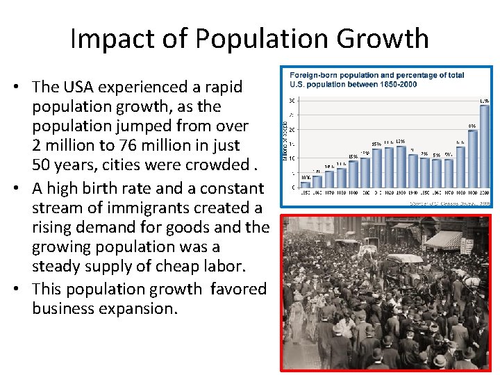 Impact of Population Growth • The USA experienced a rapid population growth, as the