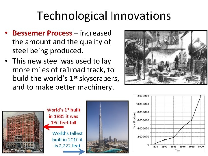 Technological Innovations • Bessemer Process – increased the amount and the quality of steel