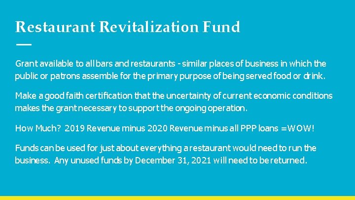 Restaurant Revitalization Fund Grant available to all bars and restaurants - similar places of