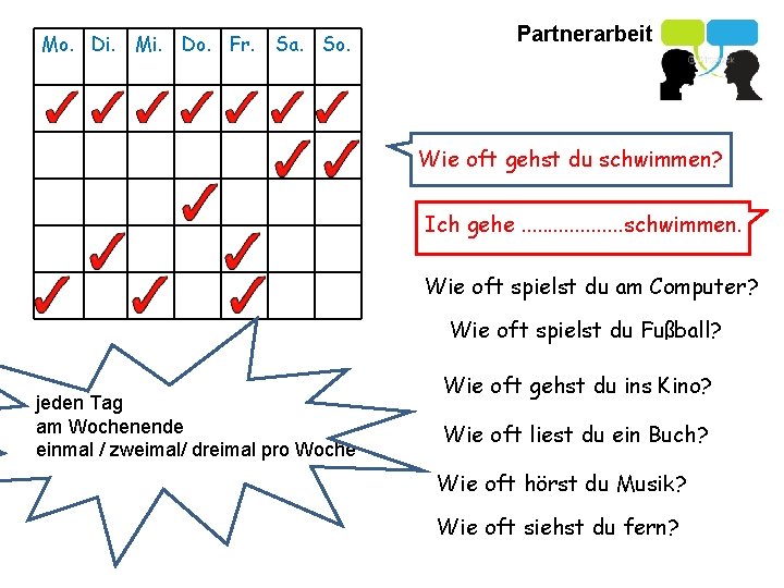 Mo. Di. Mi. Do. Fr. Sa. So. Partnerarbeit Wie oft gehst du schwimmen? Ich