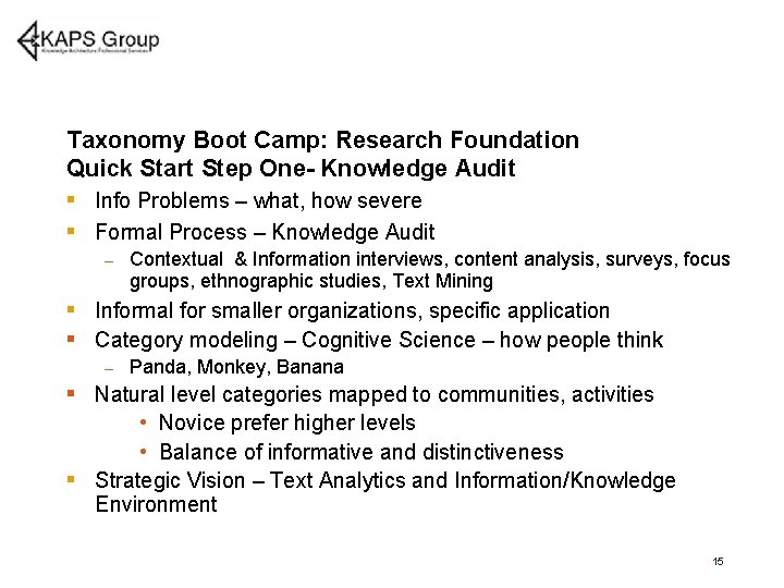 Taxonomy Boot Camp: Research Foundation Quick Start Step One- Knowledge Audit § Info Problems