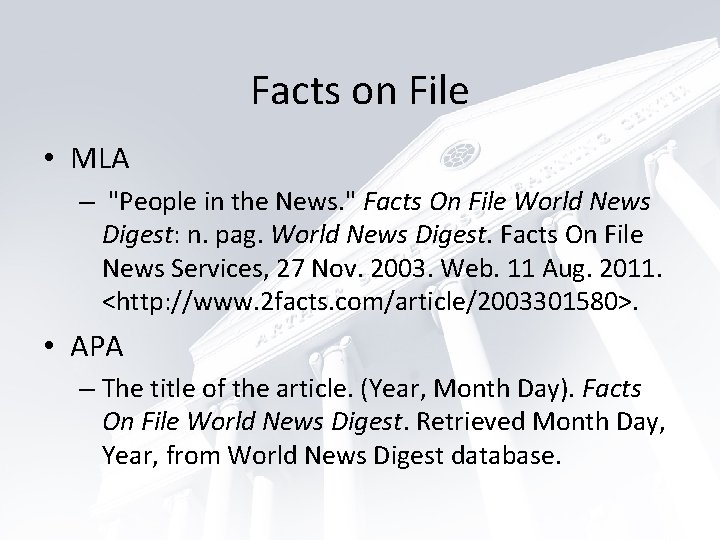 Facts on File • MLA – "People in the News. " Facts On File