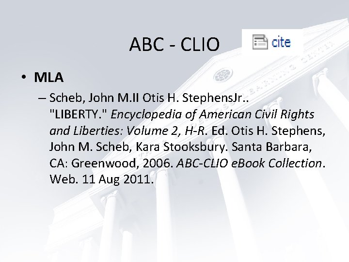 ABC - CLIO • MLA – Scheb, John M. II Otis H. Stephens. Jr.