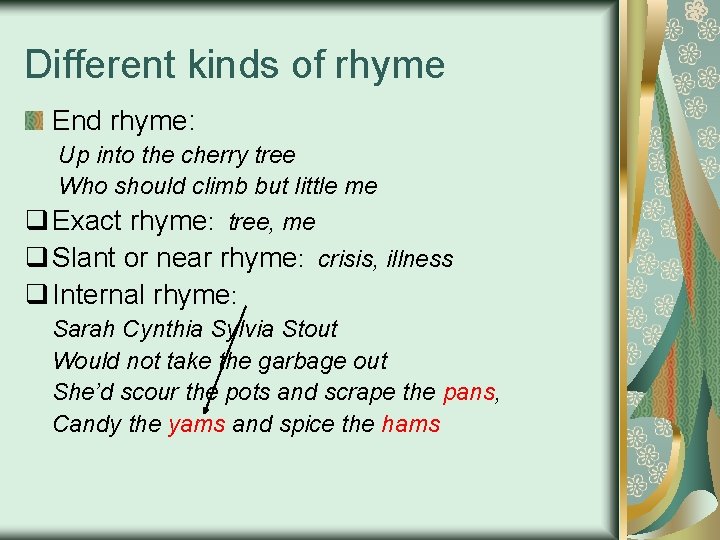 Different kinds of rhyme End rhyme: Up into the cherry tree Who should climb