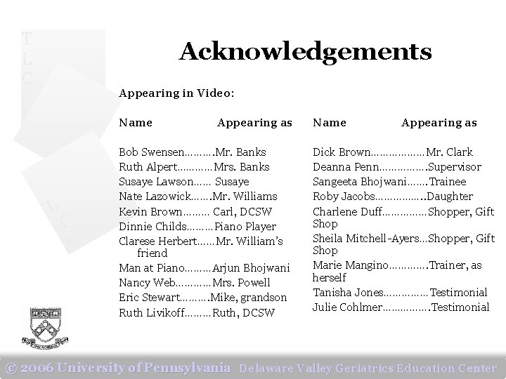 T L C Acknowledgements Appearing in Video: Name L T C Appearing as Bob