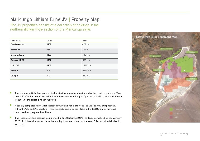 Maricunga Lithium Brine JV | Property Map The JV properties consist of a collection