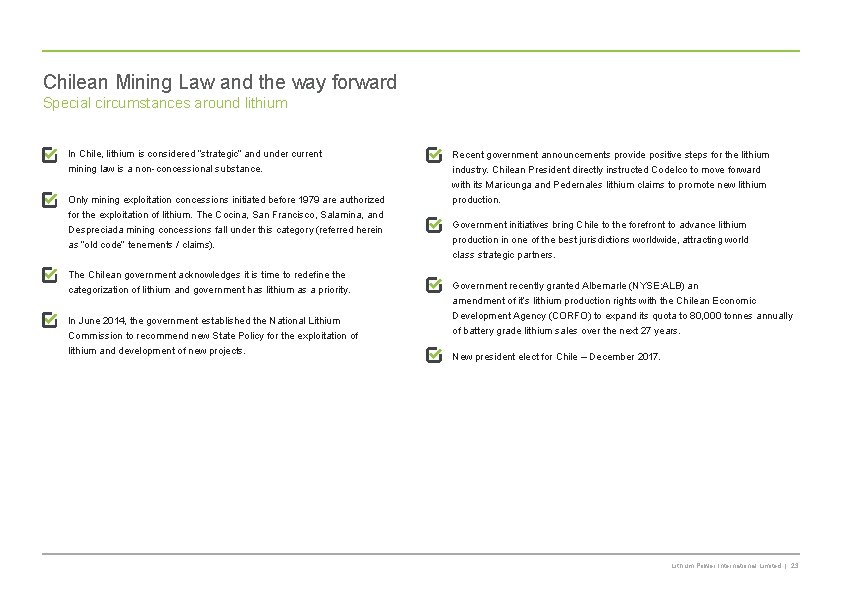 Chilean Mining Law and the way forward Special circumstances around lithium In Chile, lithium