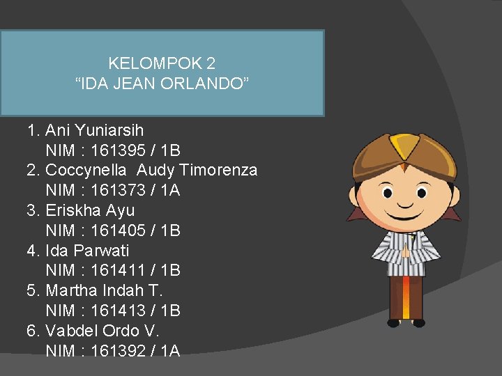 KELOMPOK 2 “IDA JEAN ORLANDO” 1. Ani Yuniarsih NIM : 161395 / 1 B