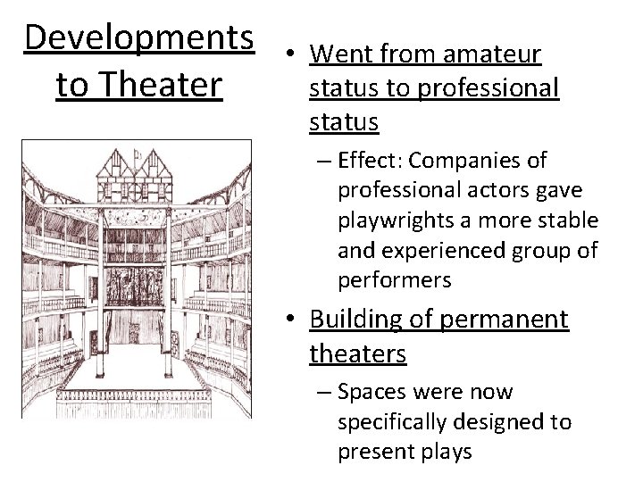 Developments to Theater • Went from amateur status to professional status – Effect: Companies