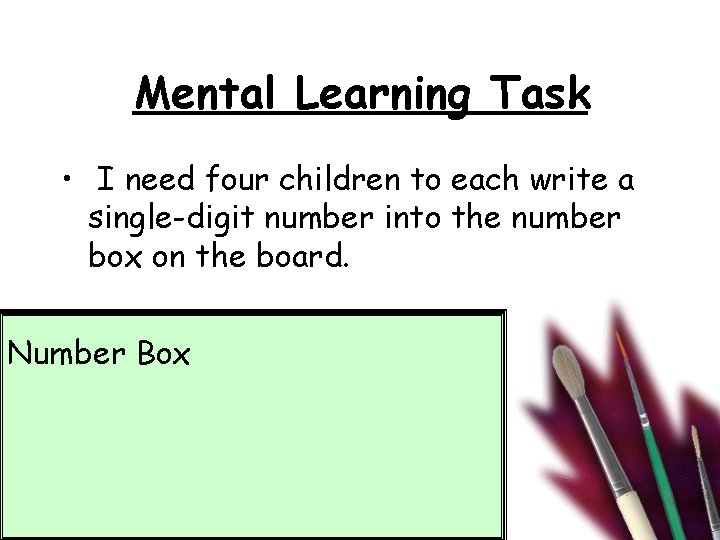 Mental Learning Task • I need four children to each write a single-digit number