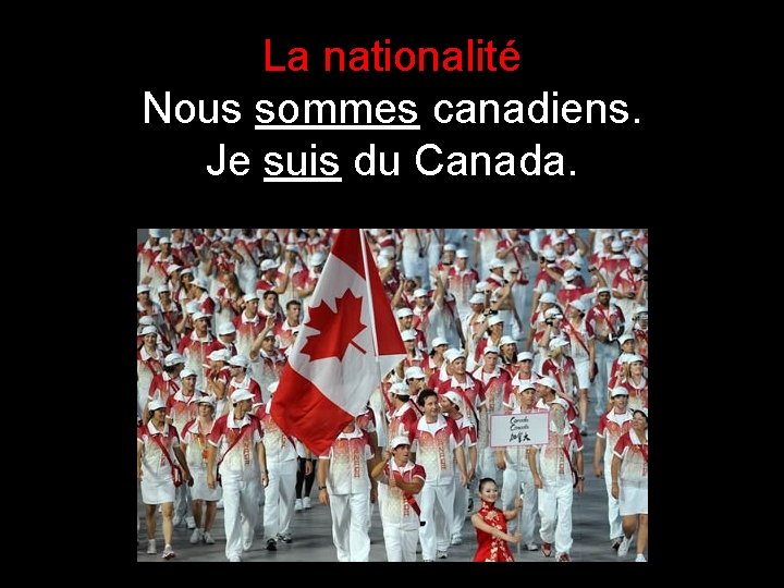 La nationalité Nous sommes canadiens. Je suis du Canada. 