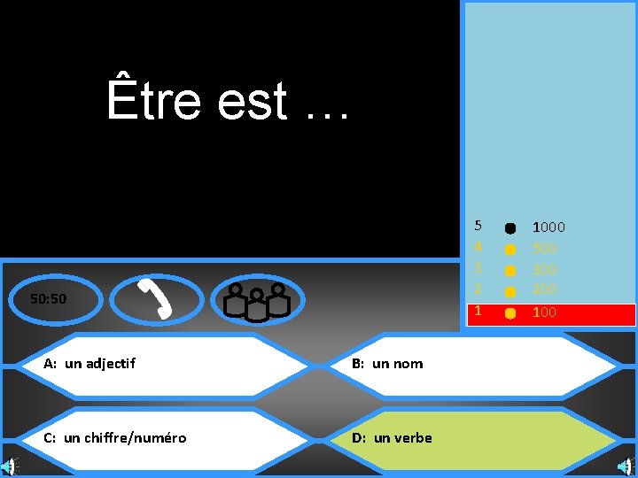 Être est … 5 4 3 2 1 50: 50 A: un adjectif B:
