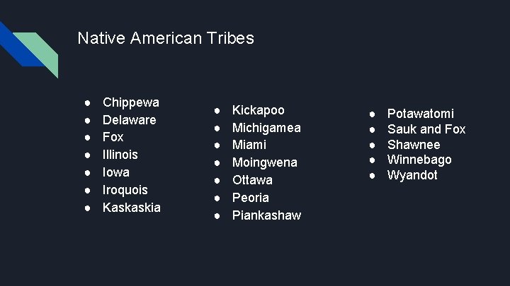 Native American Tribes ● ● ● ● Chippewa Delaware Fox Illinois Iowa Iroquois Kaskaskia
