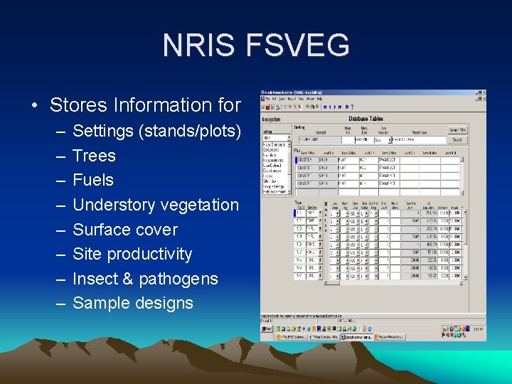 NRIS FSVEG • Stores Information for – – – – Settings (stands/plots) Trees Fuels