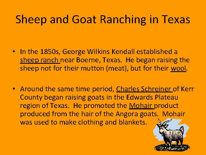 Sheep and Goat Ranching in Texas • In the 1850 s, George Wilkins Kendall