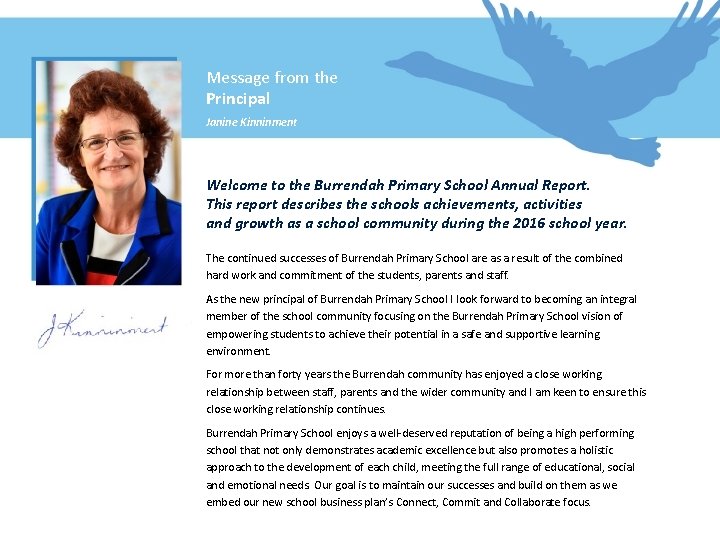 Message from the Principal Janine Kinninment Welcome to the Burrendah Primary School Annual Report.