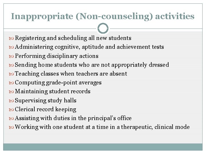 Inappropriate (Non-counseling) activities Registering and scheduling all new students Administering cognitive, aptitude and achievement