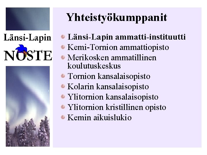 Yhteistyökumppanit Länsi-Lapin ammatti-instituutti Kemi-Tornion ammattiopisto Merikosken ammatillinen koulutuskeskus Tornion kansalaisopisto Kolarin kansalaisopisto Ylitornion kristillinen