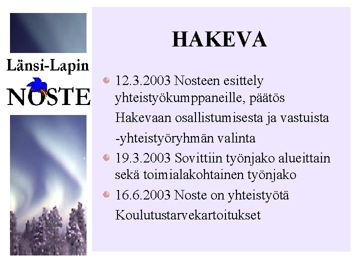 HAKEVA 12. 3. 2003 Nosteen esittely yhteistyökumppaneille, päätös Hakevaan osallistumisesta ja vastuista -yhteistyöryhmän valinta