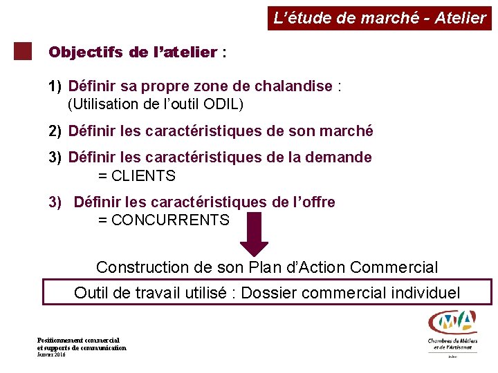 L’étude de marché - Atelier Objectifs de l’atelier : 1) Définir sa propre zone