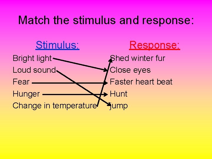 Match the stimulus and response: Stimulus: Bright light Loud sound Fear Hunger Change in