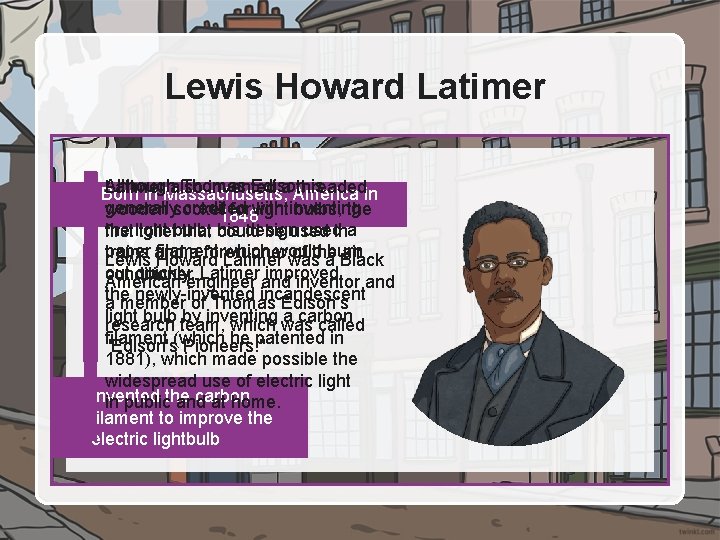 Lewis Howard Latimer Although Thomas Edison is Latimer also invented a America threaded Born