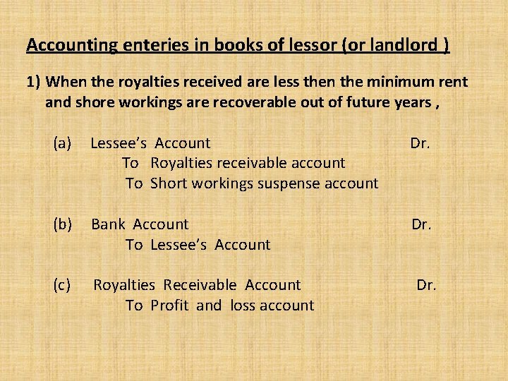 Accounting enteries in books of lessor (or landlord ) 1) When the royalties received